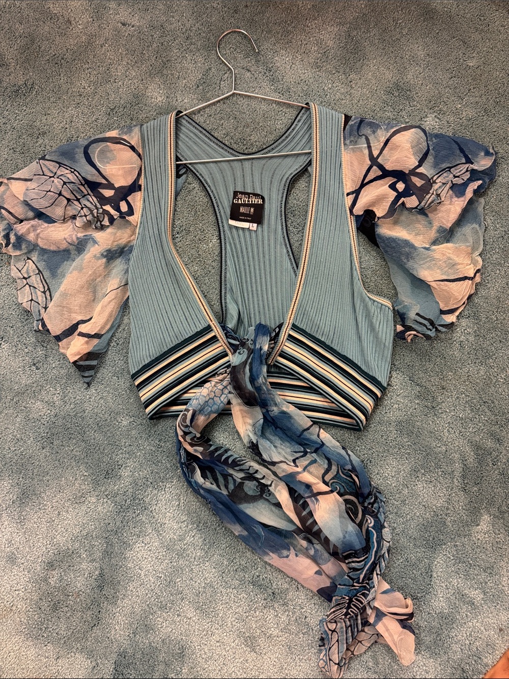 Jean Paul Gaultier Blue Tie-Front Ribbed Crop Top with Sheer Puff Sleeves